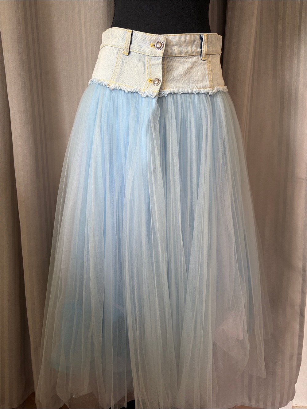 Light Blue Tulle Maxi Skirt with Denim Waistband